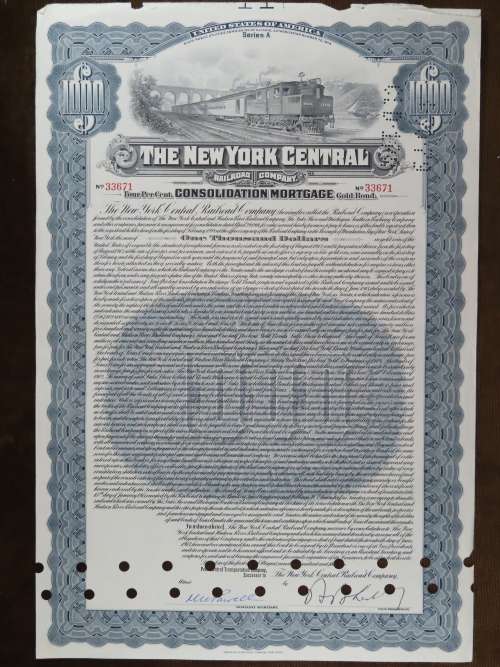 1913 The New York Central Railroad Company, $1000 Gold Bond Certificate 33671