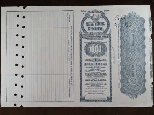 1913 The New York Central Railroad Company, $1000 Gold Bond Certificate 33671