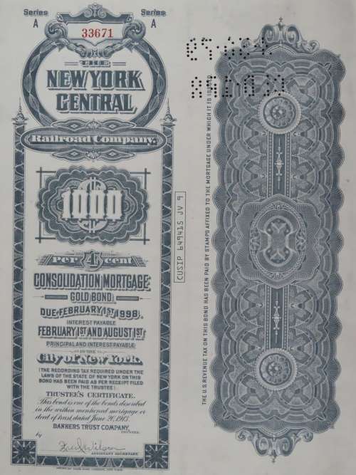 1913 The New York Central Railroad Company, $1000 Gold Bond Certificate 33671