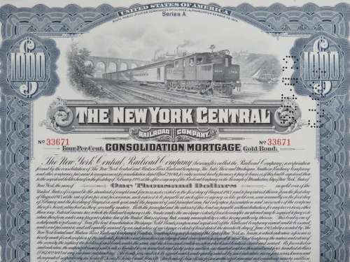1913 The New York Central Railroad Company, $1000 Gold Bond Certificate 33671