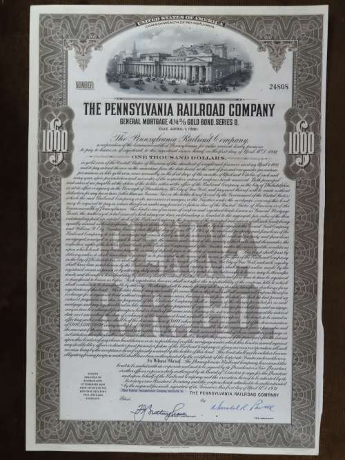 1931 The Pennsylvania Railroad Company, $1000 Gold Bond Certificate 24808
