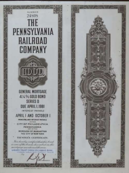 1931 The Pennsylvania Railroad Company, $1000 Gold Bond Certificate 24808