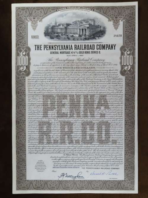 1931 The Pennsylvania Railroad Company, $1000 Gold Bond Certificate 38450
