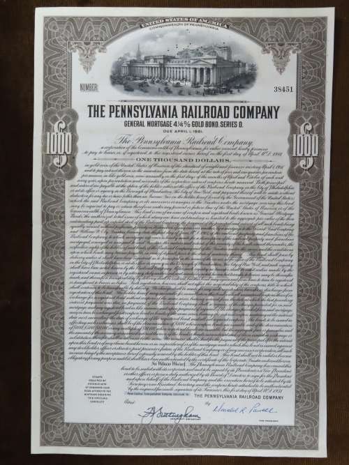 1931 The Pennsylvania Railroad Company, $1000 Gold Bond Certificate 38451