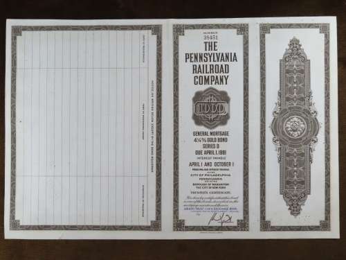 1931 The Pennsylvania Railroad Company, $1000 Gold Bond Certificate 38451