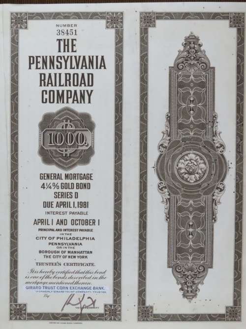 1931 The Pennsylvania Railroad Company, $1000 Gold Bond Certificate 38451