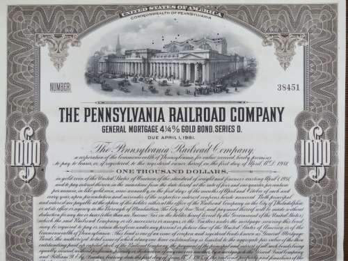 1931 The Pennsylvania Railroad Company, $1000 Gold Bond Certificate 38451