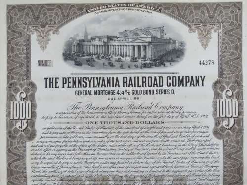 1931 The Pennsylvania Railroad Company, $1000 Gold Bond Certificate 44278