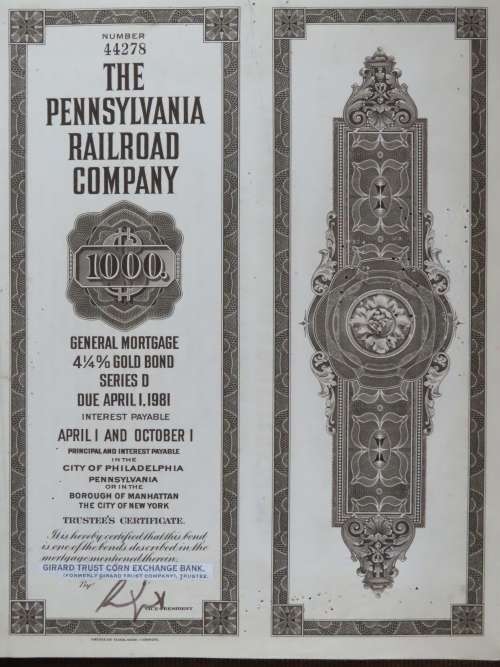 1931 The Pennsylvania Railroad Company, $1000 Gold Bond Certificate 44278