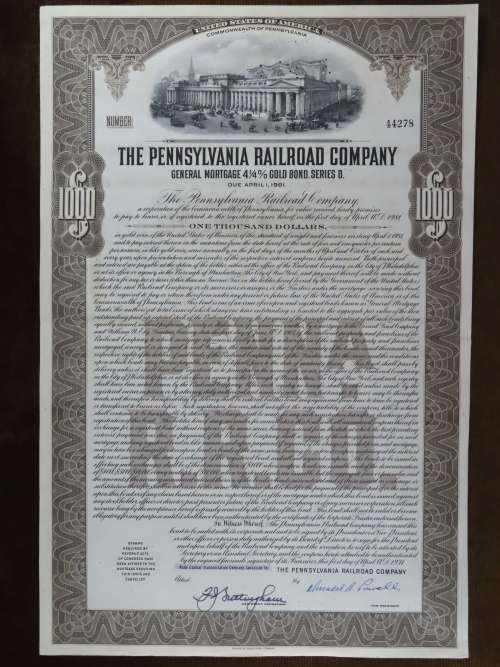 1931 The Pennsylvania Railroad Company, $1000 Gold Bond Certificate 44278