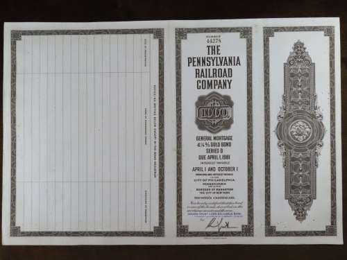 1931 The Pennsylvania Railroad Company, $1000 Gold Bond Certificate 44278