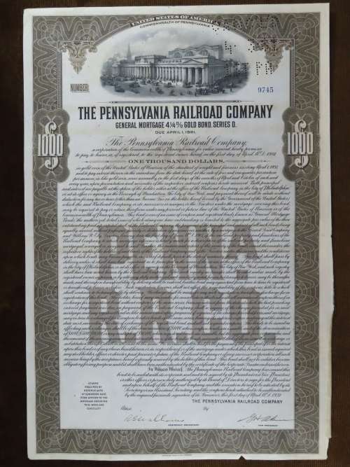 1931 The Pennsylvania Railroad Company, $1000 Gold Bond Certificate 9745