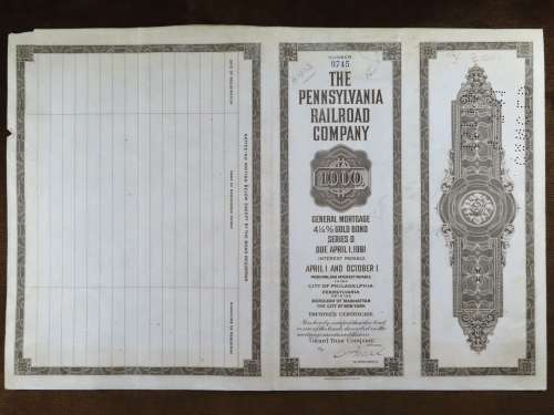 1931 The Pennsylvania Railroad Company, $1000 Gold Bond Certificate 9745
