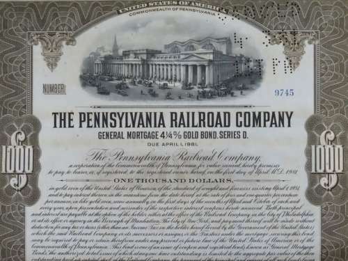 1931 The Pennsylvania Railroad Company, $1000 Gold Bond Certificate 9745