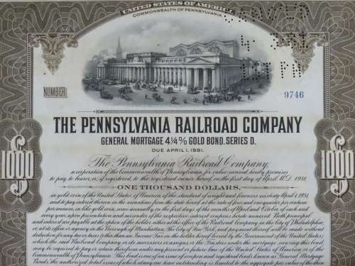 1931 The Pennsylvania Railroad Company, $1000 Gold Bond Certificate 9746