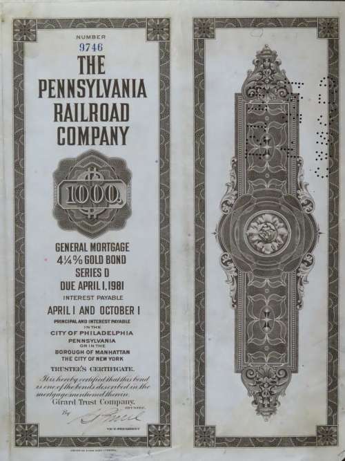 1931 The Pennsylvania Railroad Company, $1000 Gold Bond Certificate 9746