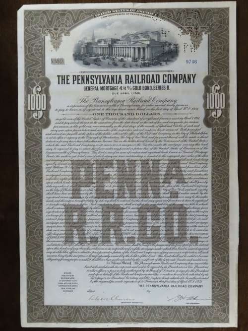 1931 The Pennsylvania Railroad Company, $1000 Gold Bond Certificate 9746