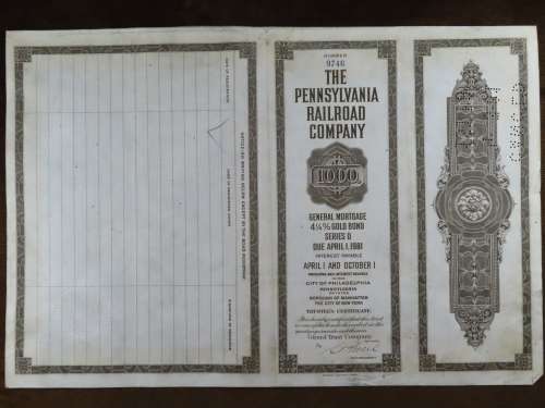 1931 The Pennsylvania Railroad Company, $1000 Gold Bond Certificate 9746