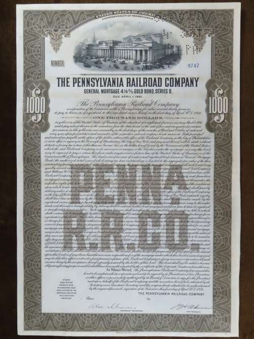 1931 The Pennsylvania Railroad Company, $1000 Gold Bond Certificate 9747