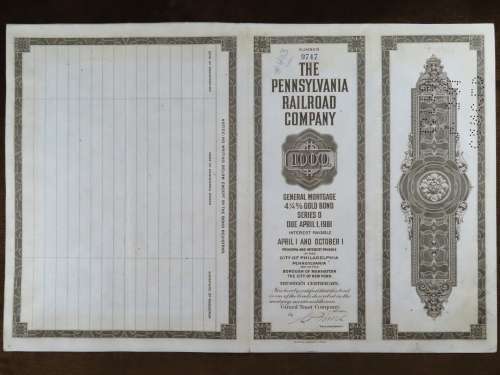 1931 The Pennsylvania Railroad Company, $1000 Gold Bond Certificate 9747