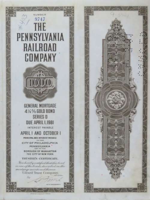 1931 The Pennsylvania Railroad Company, $1000 Gold Bond Certificate 9747