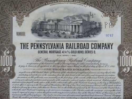 1931 The Pennsylvania Railroad Company, $1000 Gold Bond Certificate 9747