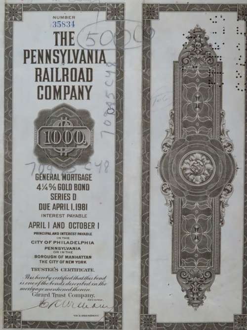 1931 The Pennsylvania Railroad Company, $1000 Gold Bond Certificate 35834