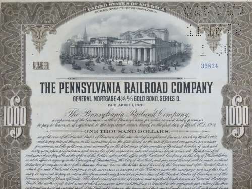 1931 The Pennsylvania Railroad Company, $1000 Gold Bond Certificate 35834