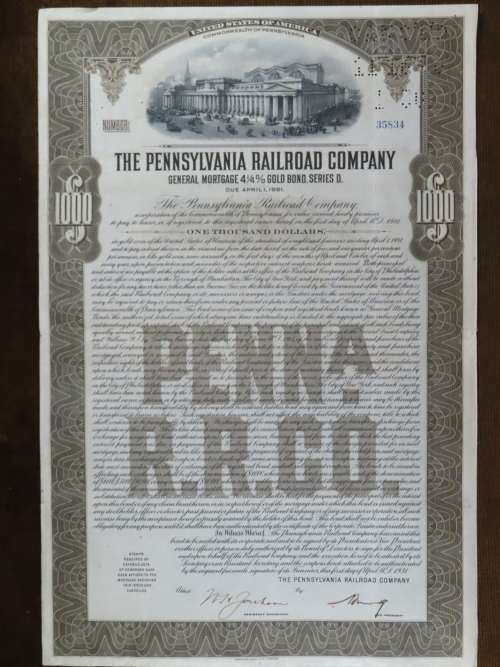 1931 The Pennsylvania Railroad Company, $1000 Gold Bond Certificate 35834