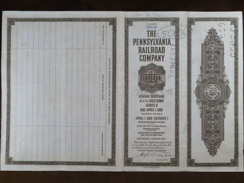 1931 The Pennsylvania Railroad Company, $1000 Gold Bond Certificate 35834