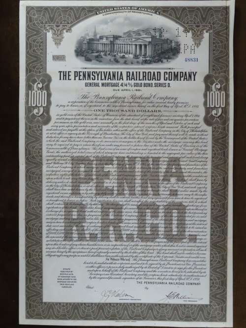 1931 The Pennsylvania Railroad Company, $1000 Gold Bond Certificate 48831
