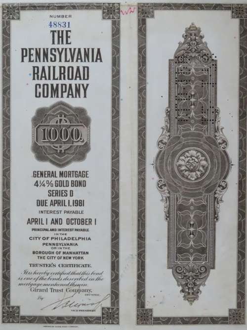1931 The Pennsylvania Railroad Company, $1000 Gold Bond Certificate 48831