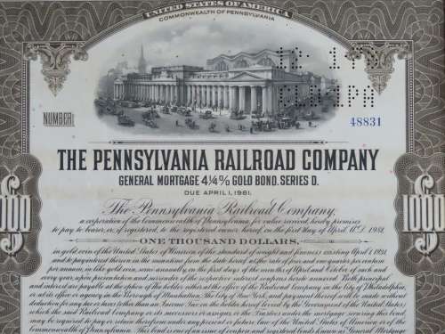 1931 The Pennsylvania Railroad Company, $1000 Gold Bond Certificate 48831