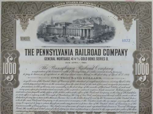 1931 The Pennsylvania Railroad Company, $1000 Gold Bond Certificate 4172