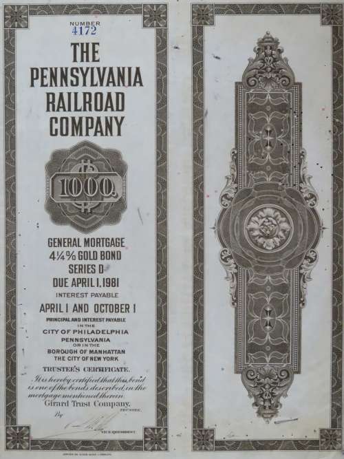 1931 The Pennsylvania Railroad Company, $1000 Gold Bond Certificate 4172