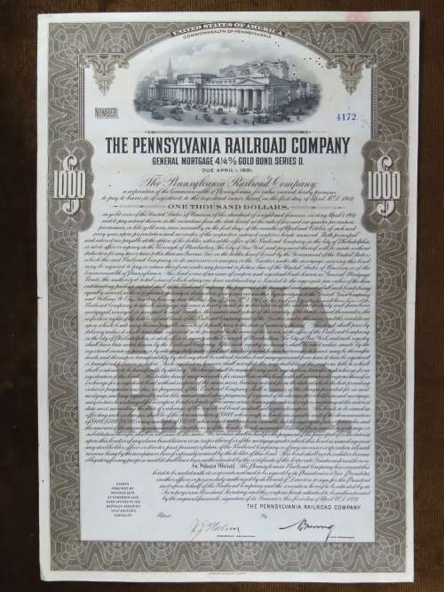 1931 The Pennsylvania Railroad Company, $1000 Gold Bond Certificate 4172