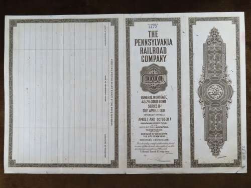1931 The Pennsylvania Railroad Company, $1000 Gold Bond Certificate 4172