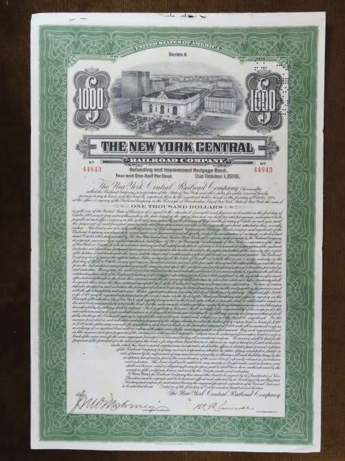1913 The New York Central Railroad Company, $1000 Bond Certificate 44843