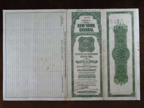 1913 The New York Central Railroad Company, $1000 Bond Certificate 44843