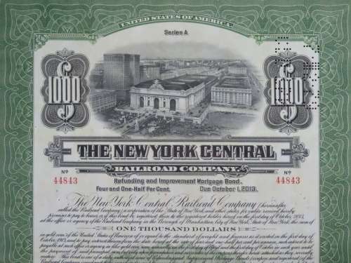 1913 The New York Central Railroad Company, $1000 Bond Certificate 44843