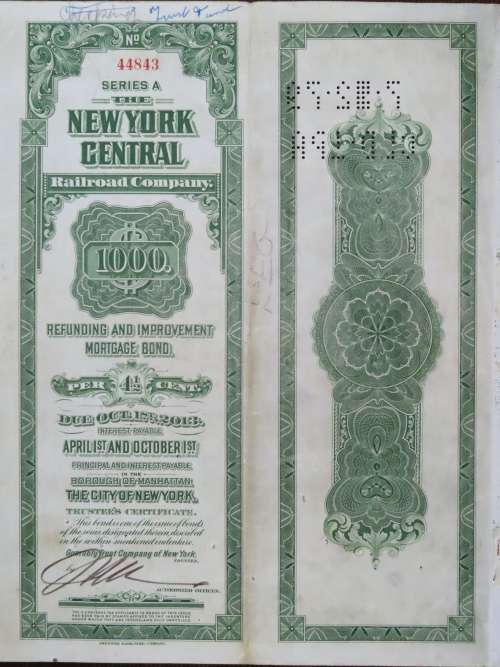 1913 The New York Central Railroad Company, $1000 Bond Certificate 44843