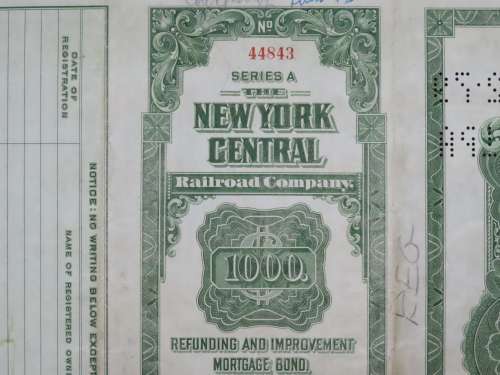 1913 The New York Central Railroad Company, $1000 Bond Certificate 44843