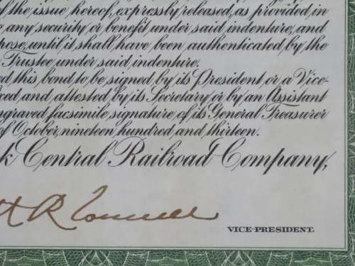 1913 The New York Central Railroad Company, $1000 Bond Certificate 44843
