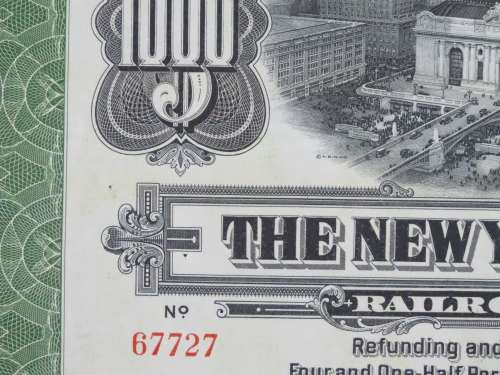 1913 The New York Central Railroad Company, $1000 Bond Certificate 67727