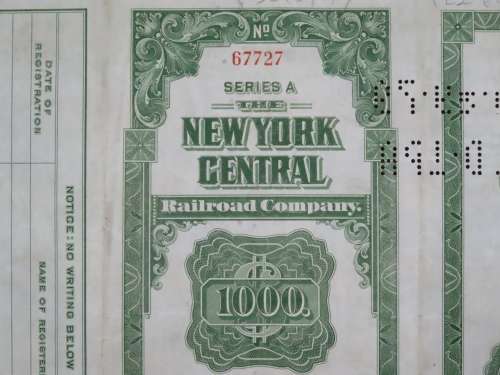 1913 The New York Central Railroad Company, $1000 Bond Certificate 67727