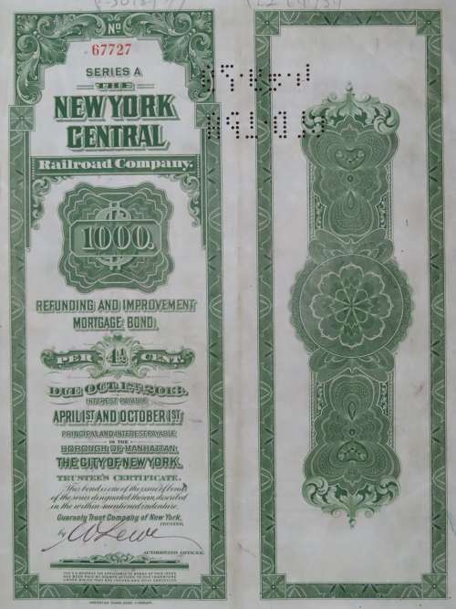 1913 The New York Central Railroad Company, $1000 Bond Certificate 67727