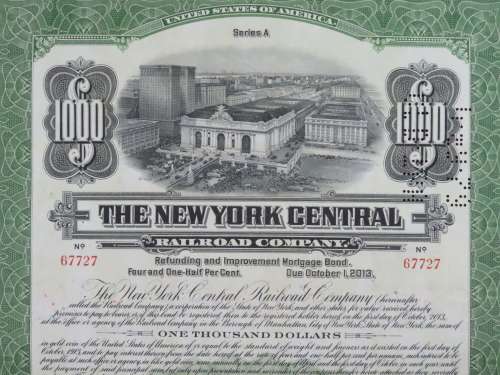 1913 The New York Central Railroad Company, $1000 Bond Certificate 67727