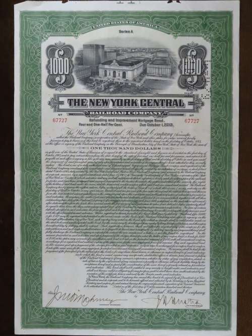 1913 The New York Central Railroad Company, $1000 Bond Certificate 67727
