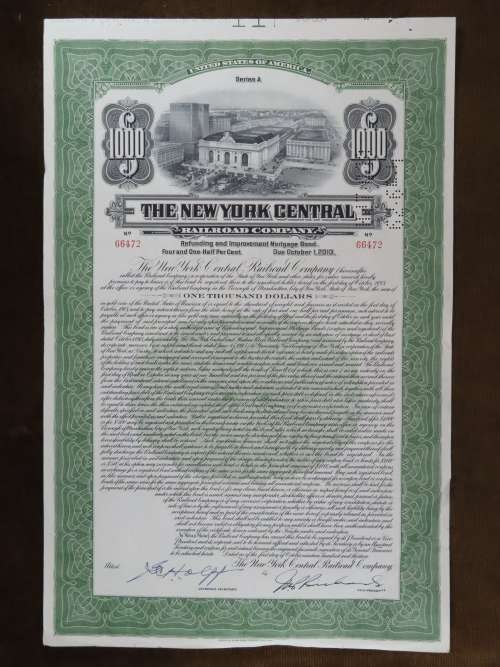 1913 The New York Central Railroad Company, $1000 Bond Certificate 66472