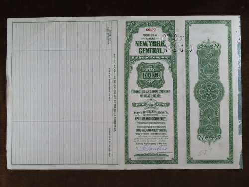 1913 The New York Central Railroad Company, $1000 Bond Certificate 66472